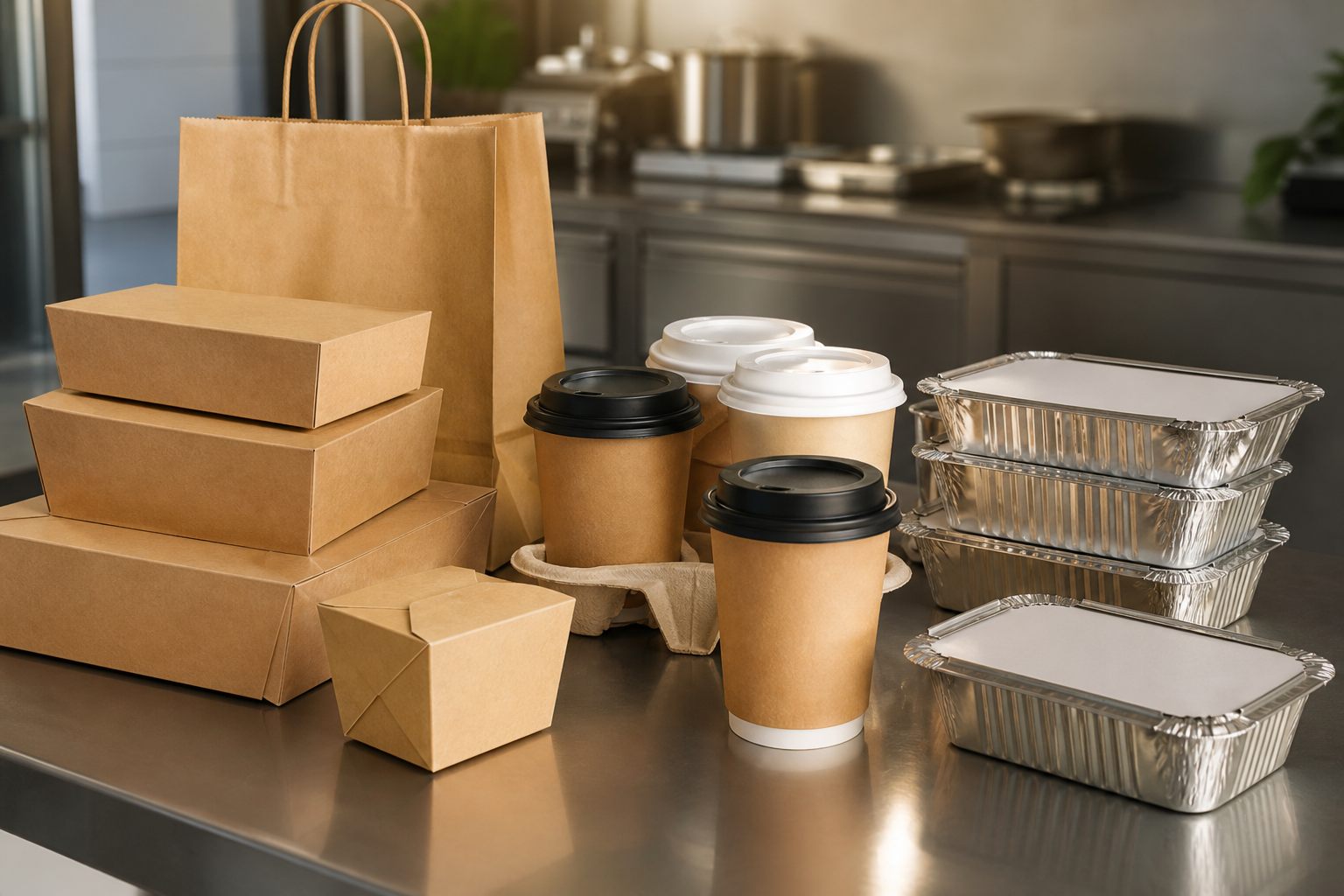 Kraft bag, meal boxes, paper cups, and aluminium containers on a kitchen counter