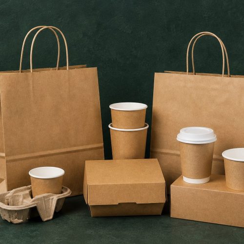 Kraft paper bags, cups, takeaway boxes, and a moulded pulp cup carrier