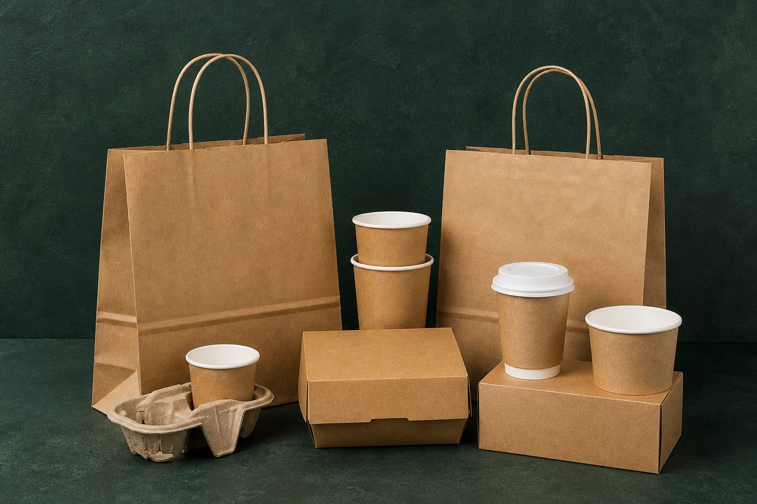 Kraft paper bags, cups, takeaway boxes, and a moulded pulp cup carrier
