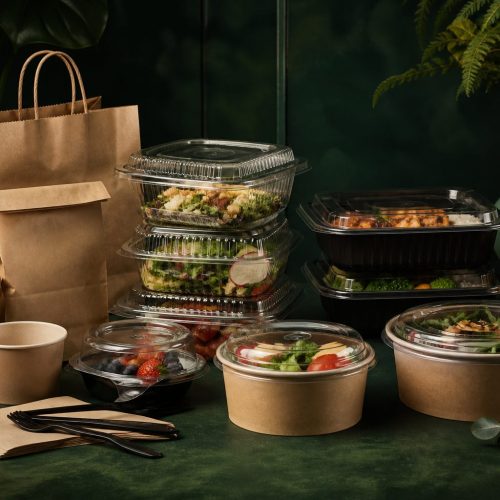 Kraft and clear takeaway containers, cups, bags, and salad bowls