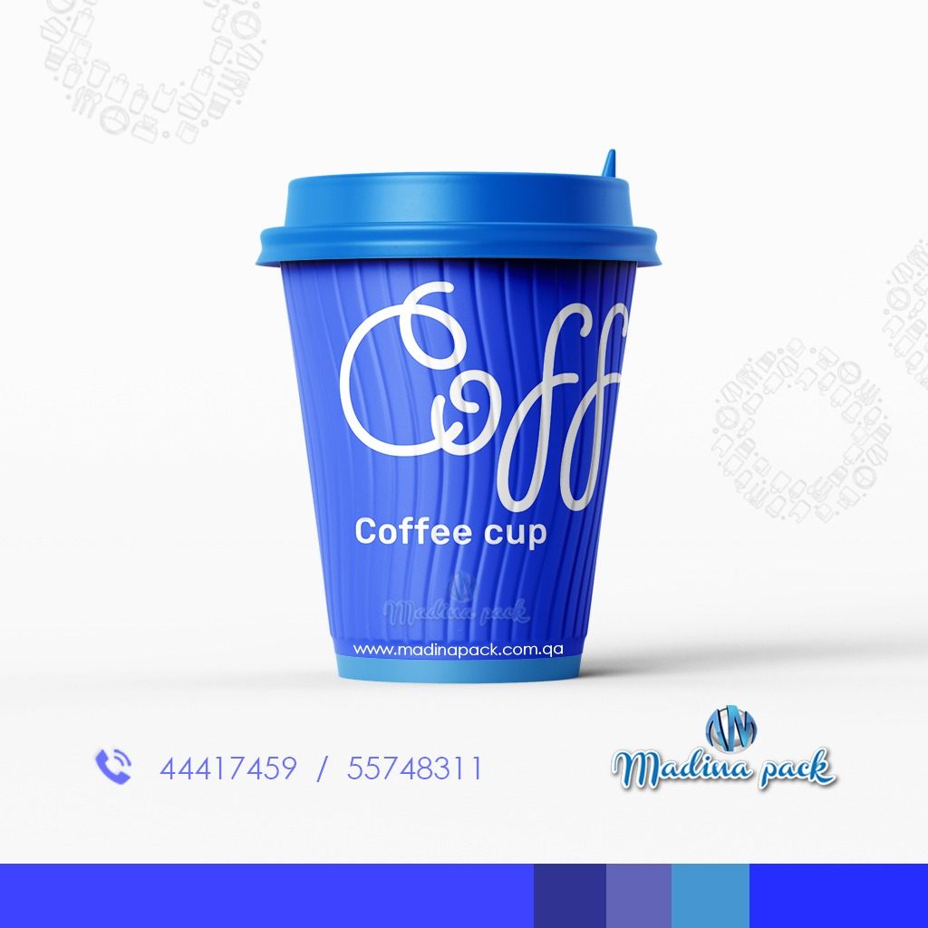 Blue printed paper coffee cup with matching lid