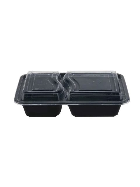 Black two-compartment takeaway container with a clear lid
